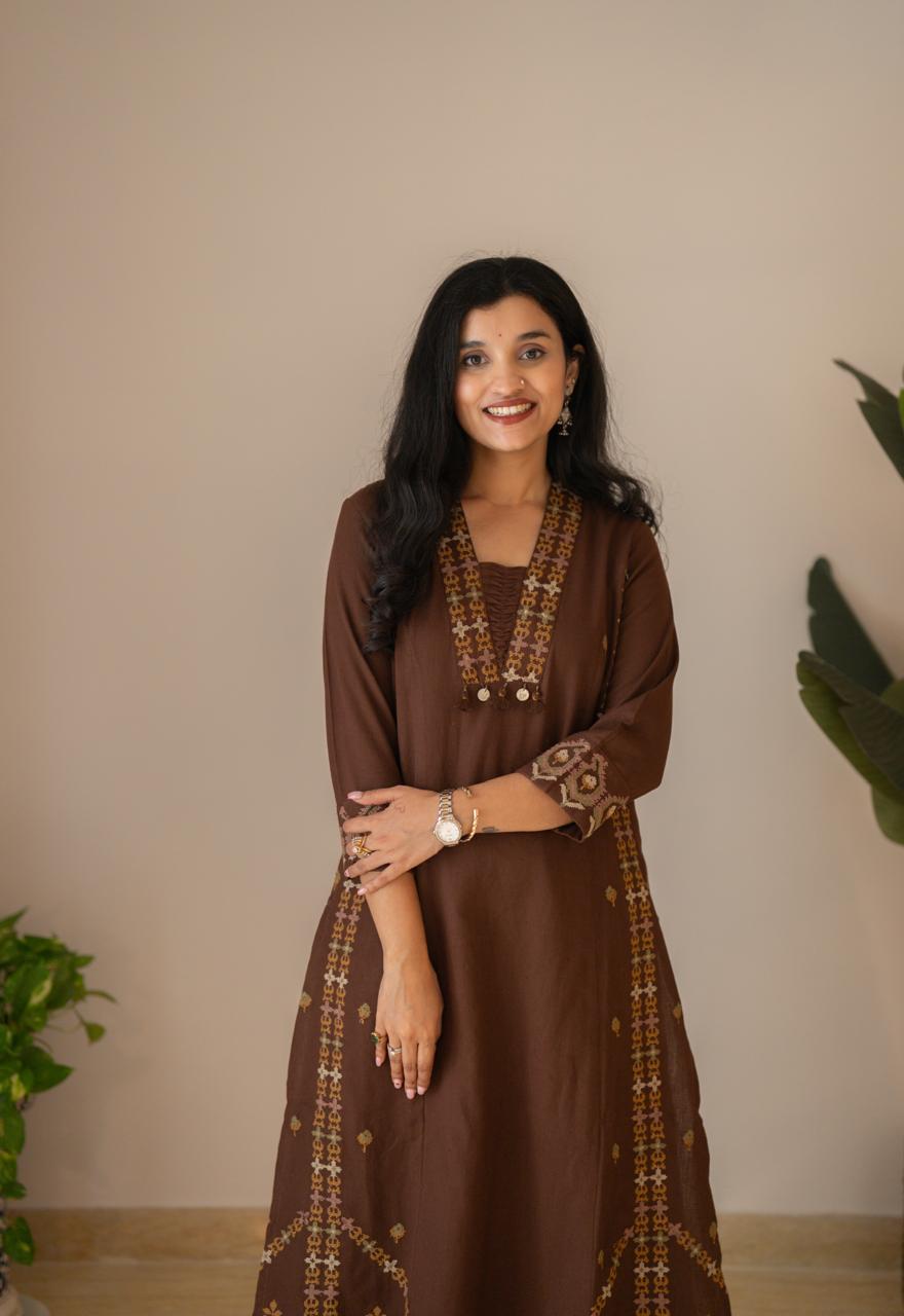 Tamana Embroidered A-line Suit- Brown