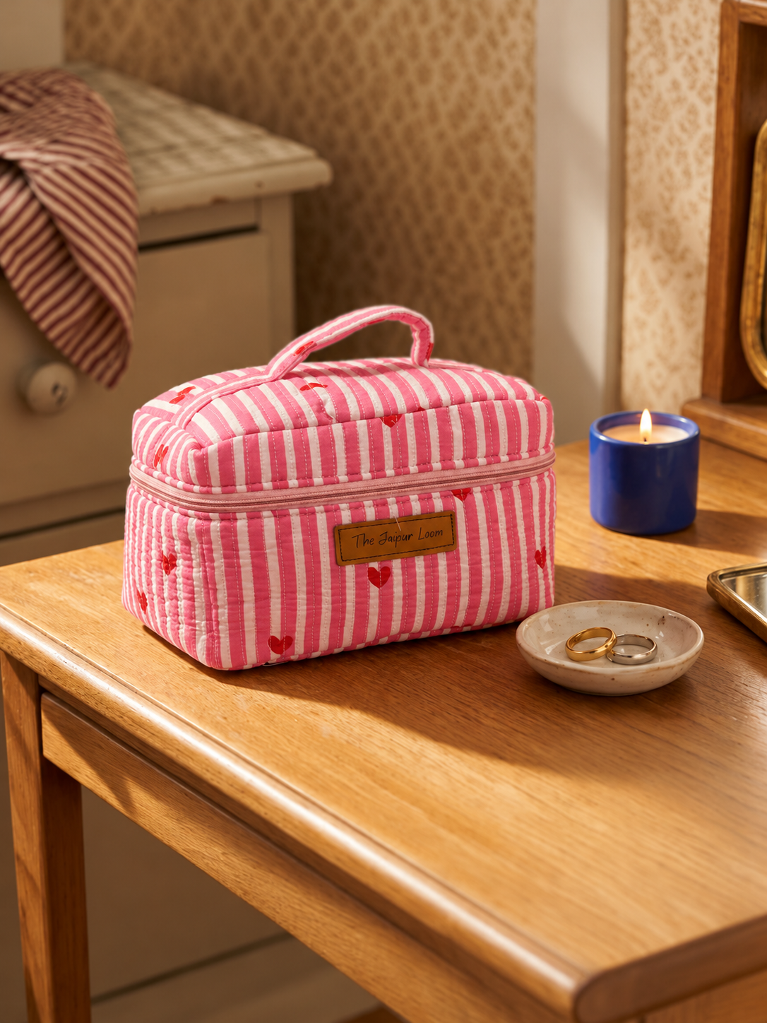 Quilted Vanity Bag- Pink Stripes
