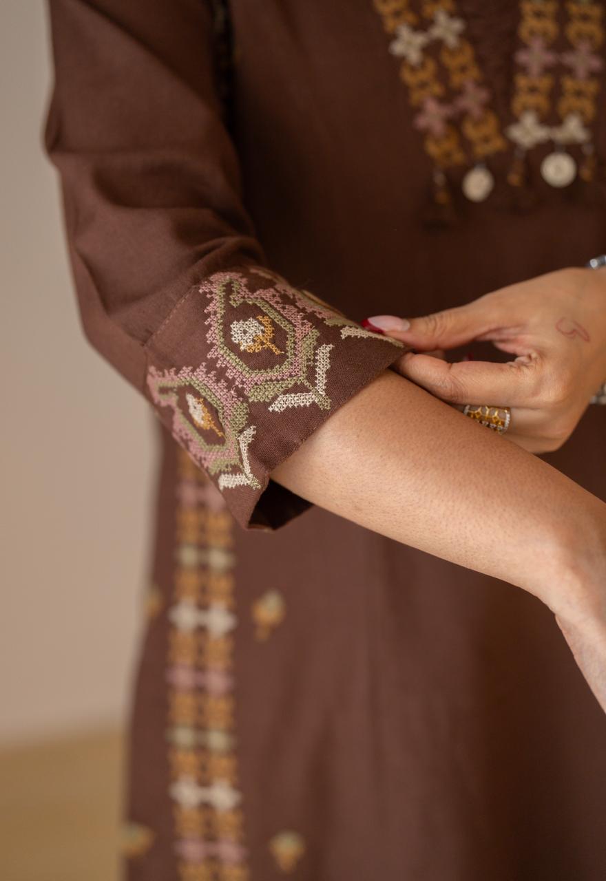 Tamana Embroidered A-line Suit- Brown