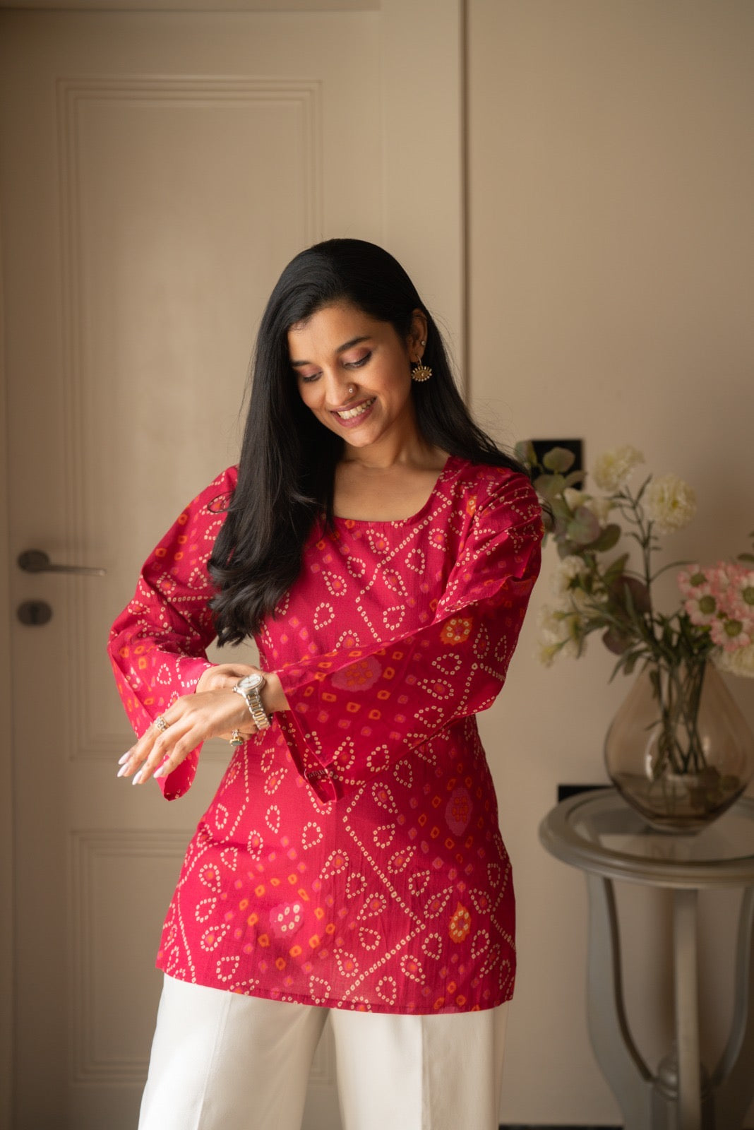 Griya Cotton Short Kurti- Pink Bandhej