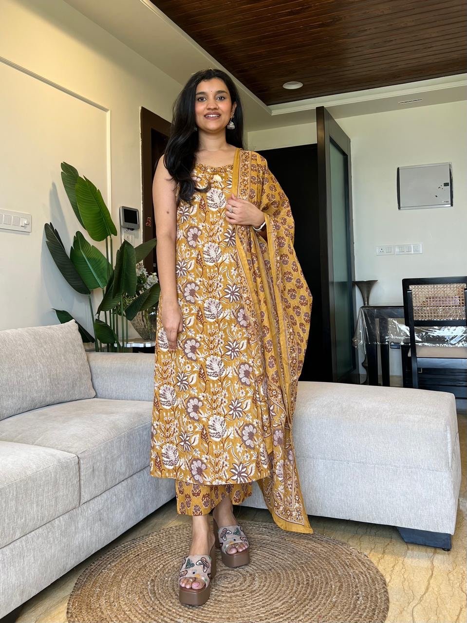 Sharna Block Print Cotton Suit- Mustard