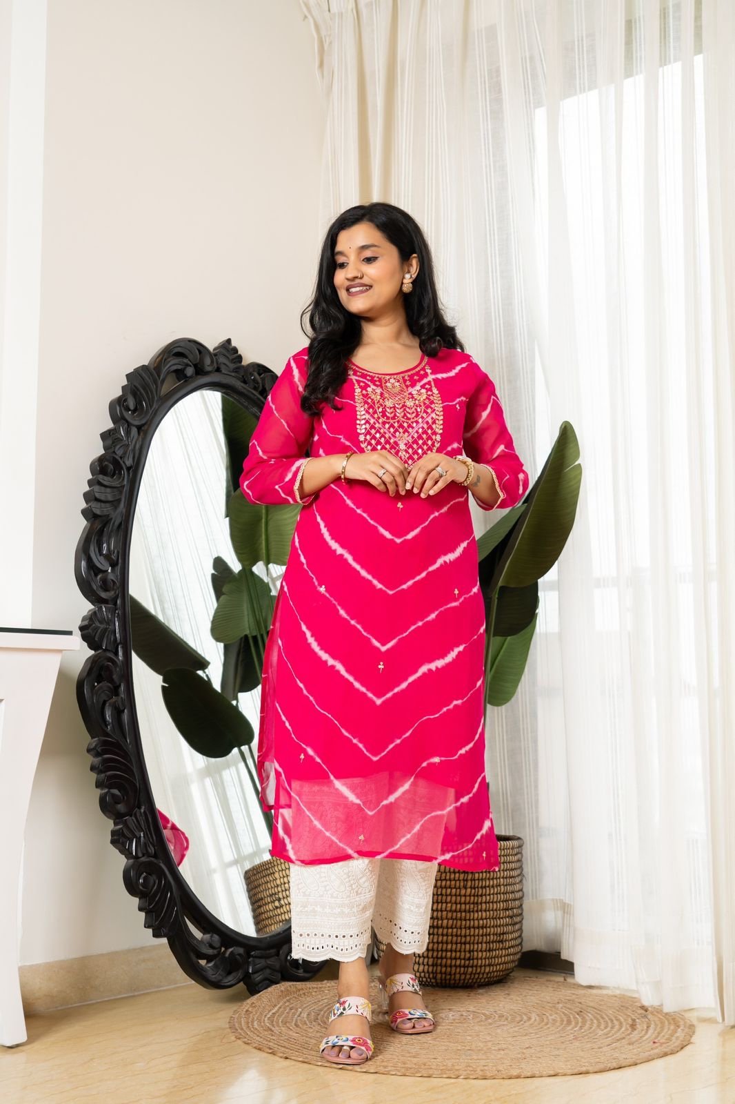 Handwork Leheriya Kurti- Round Neck