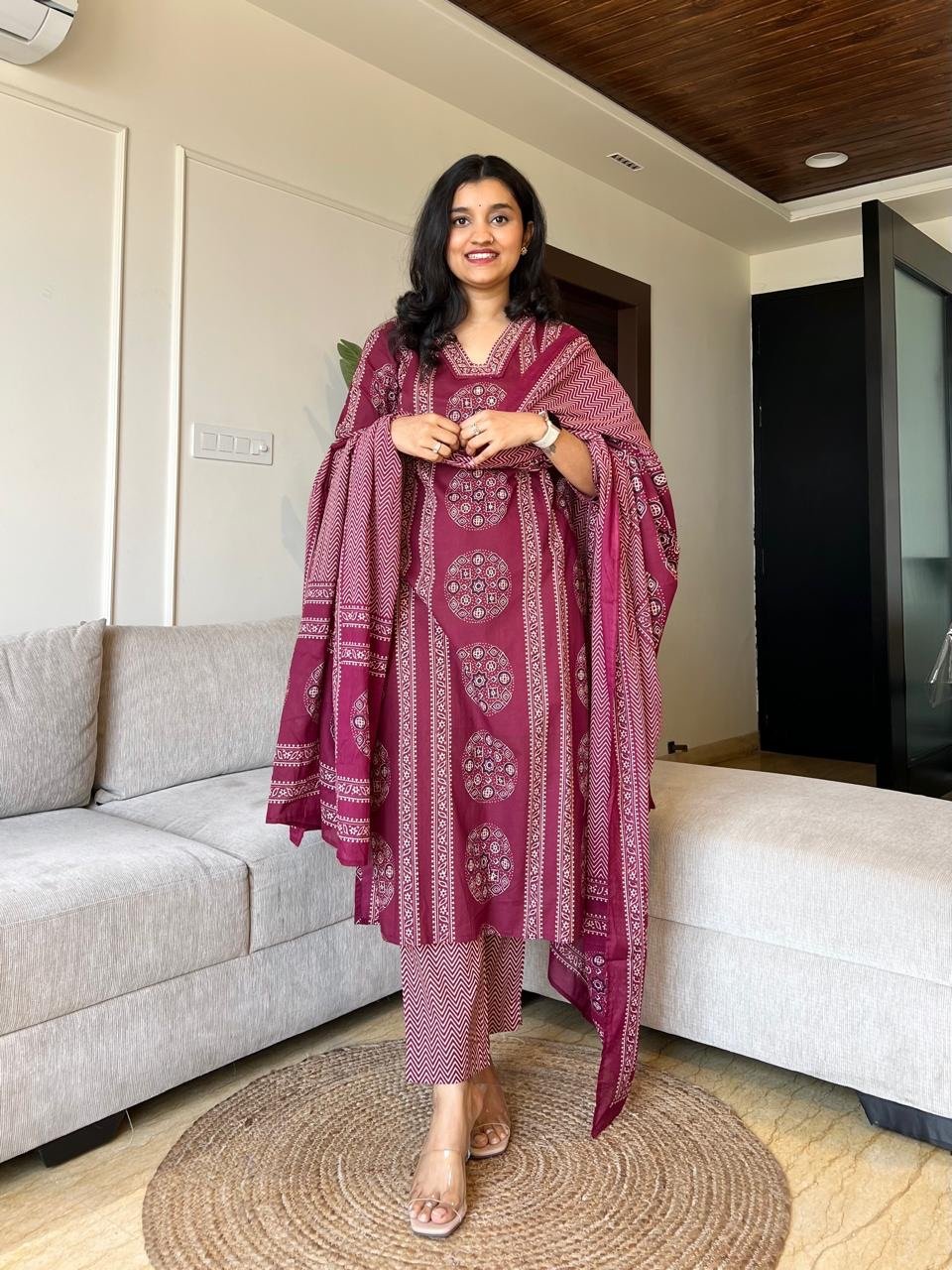 Naina Ajrakh Cotton Suit- Wine
