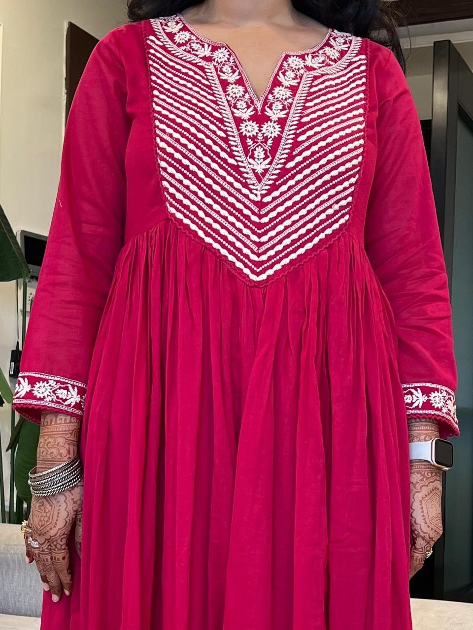 Shayla Embroidered Mulmul Anarkali Set- Dark Pink
