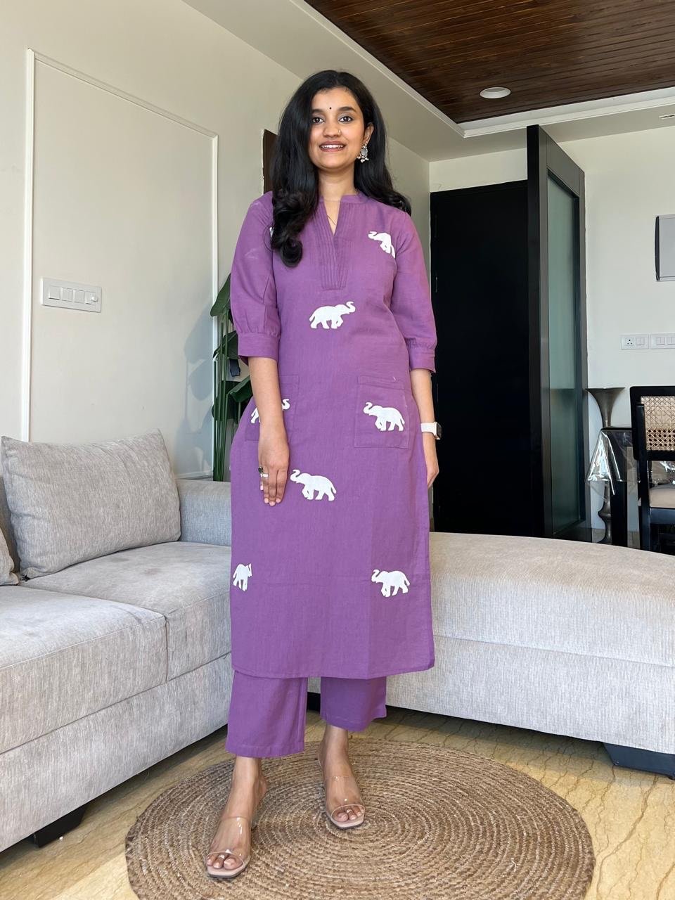Tia Embroidered Cotton Pant Set- Purple