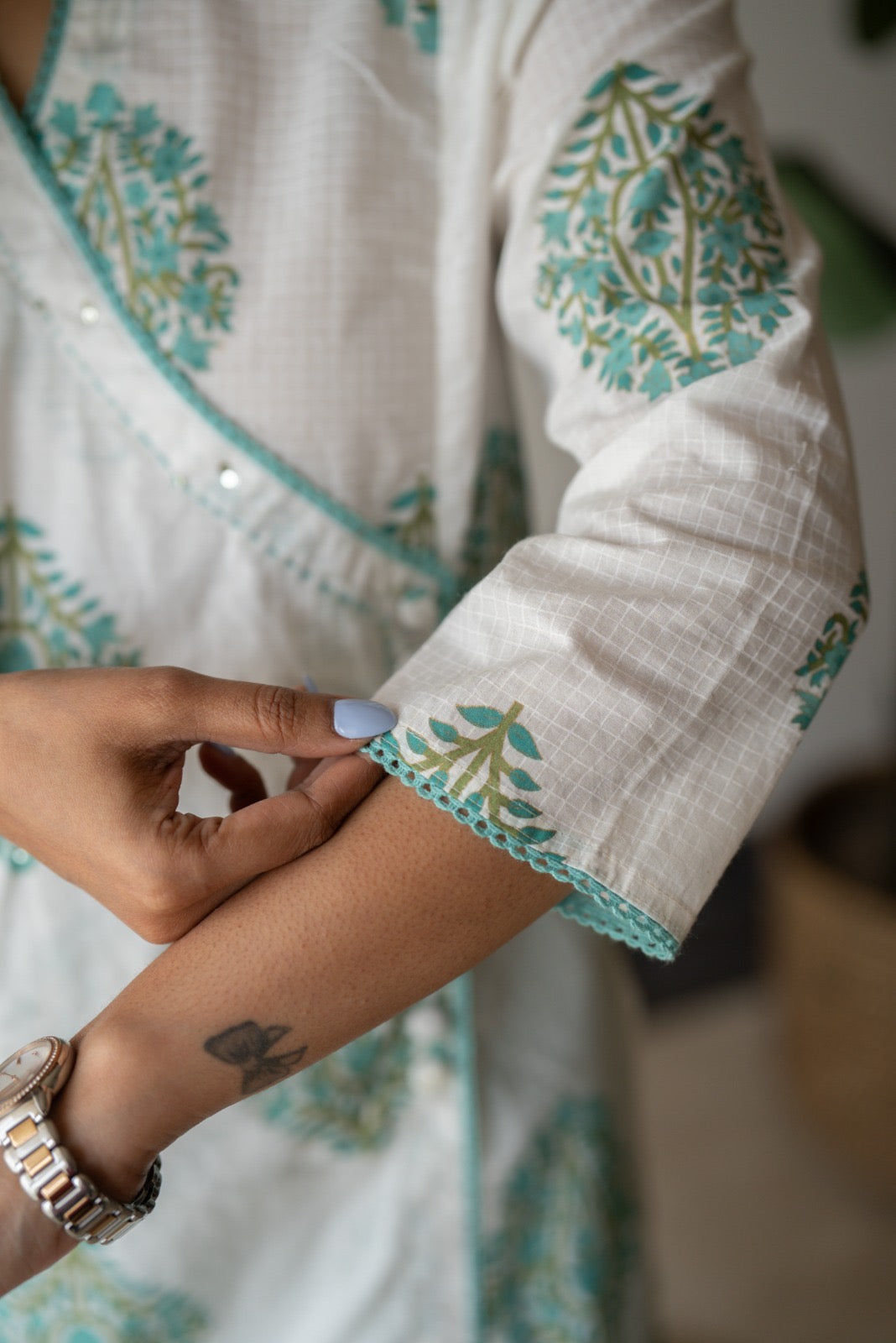 Ruh Angrakha White Boota Set- Green