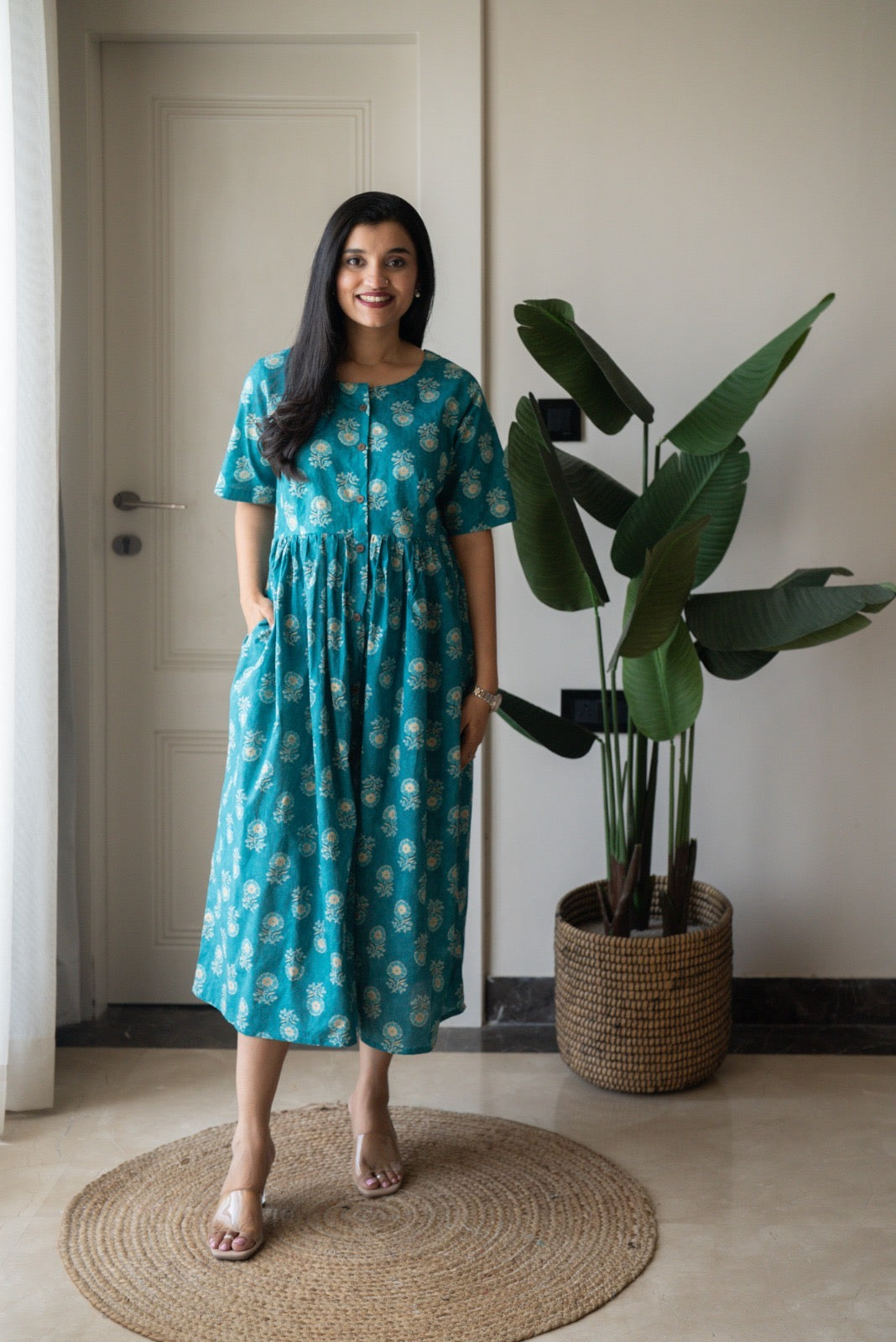 Drishy Maternity Cotton Dress- Blue Booti