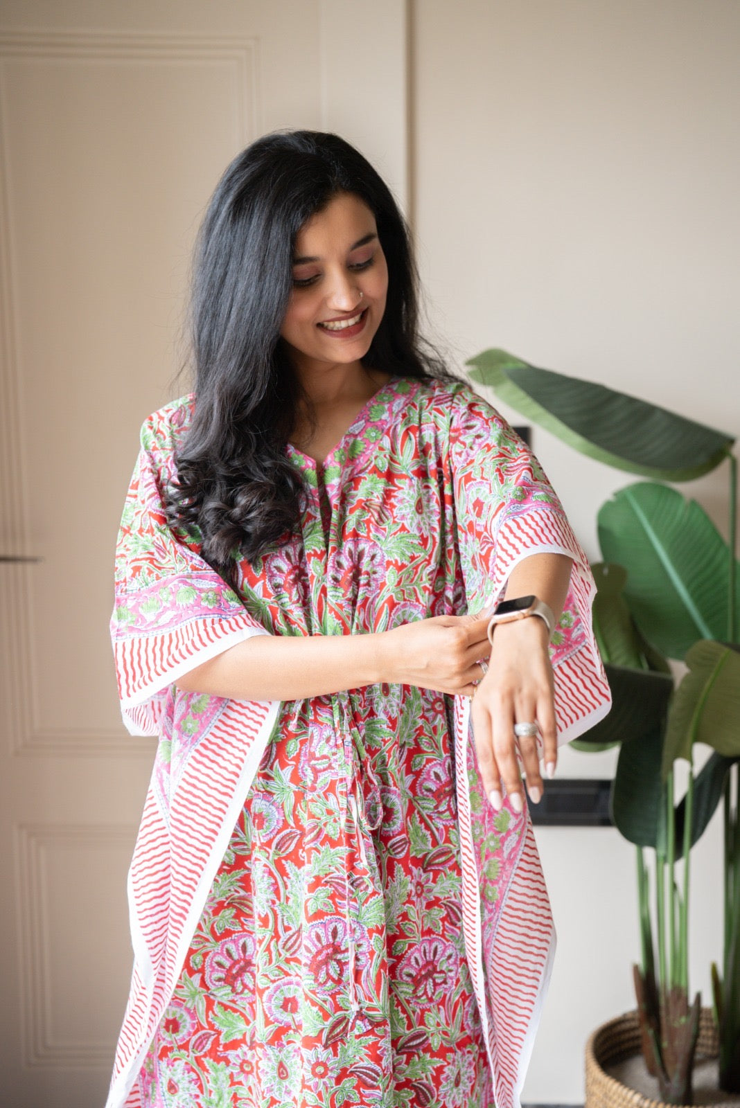 Kashi Block Print Kaftan- Bright Red Jaal