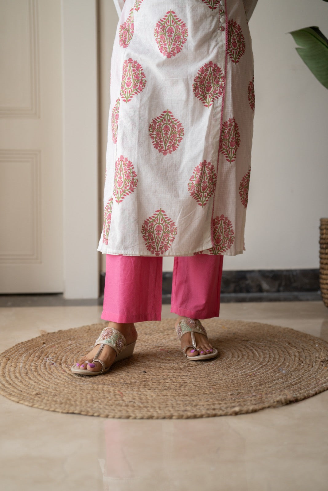 Ruh Angrakha White Boota Set- Pink