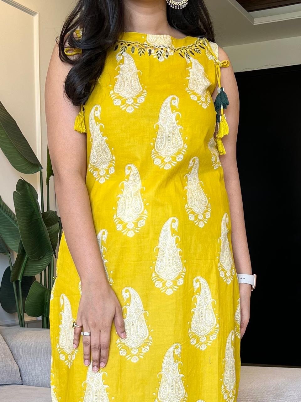 Roshni Sleeveless Cotton Tassel Kurta- Yellow