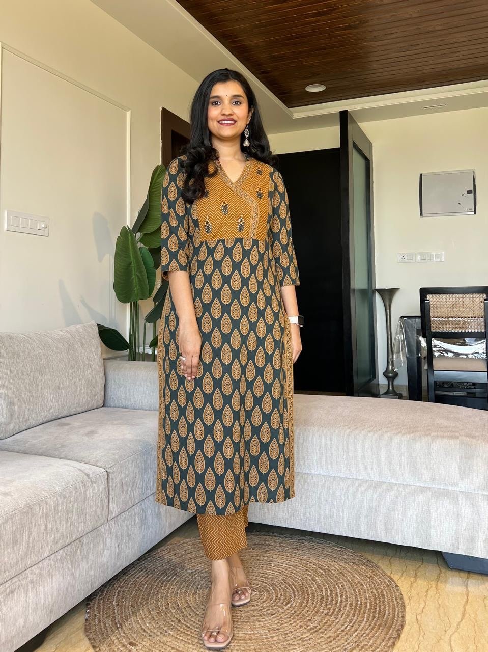 Nisha Ajrakh Angrakha Cotton Set- Mustard Green