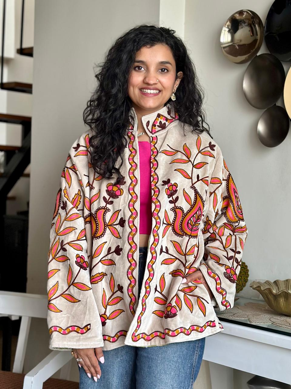 Suzani Velvet Jacket- White Pink Florals