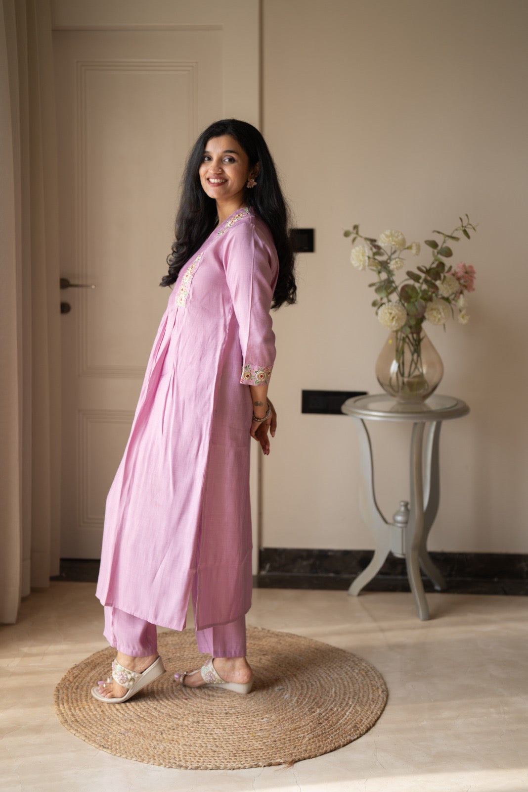 Amber Muslin Embroidered Pant Set- Pastel Pink