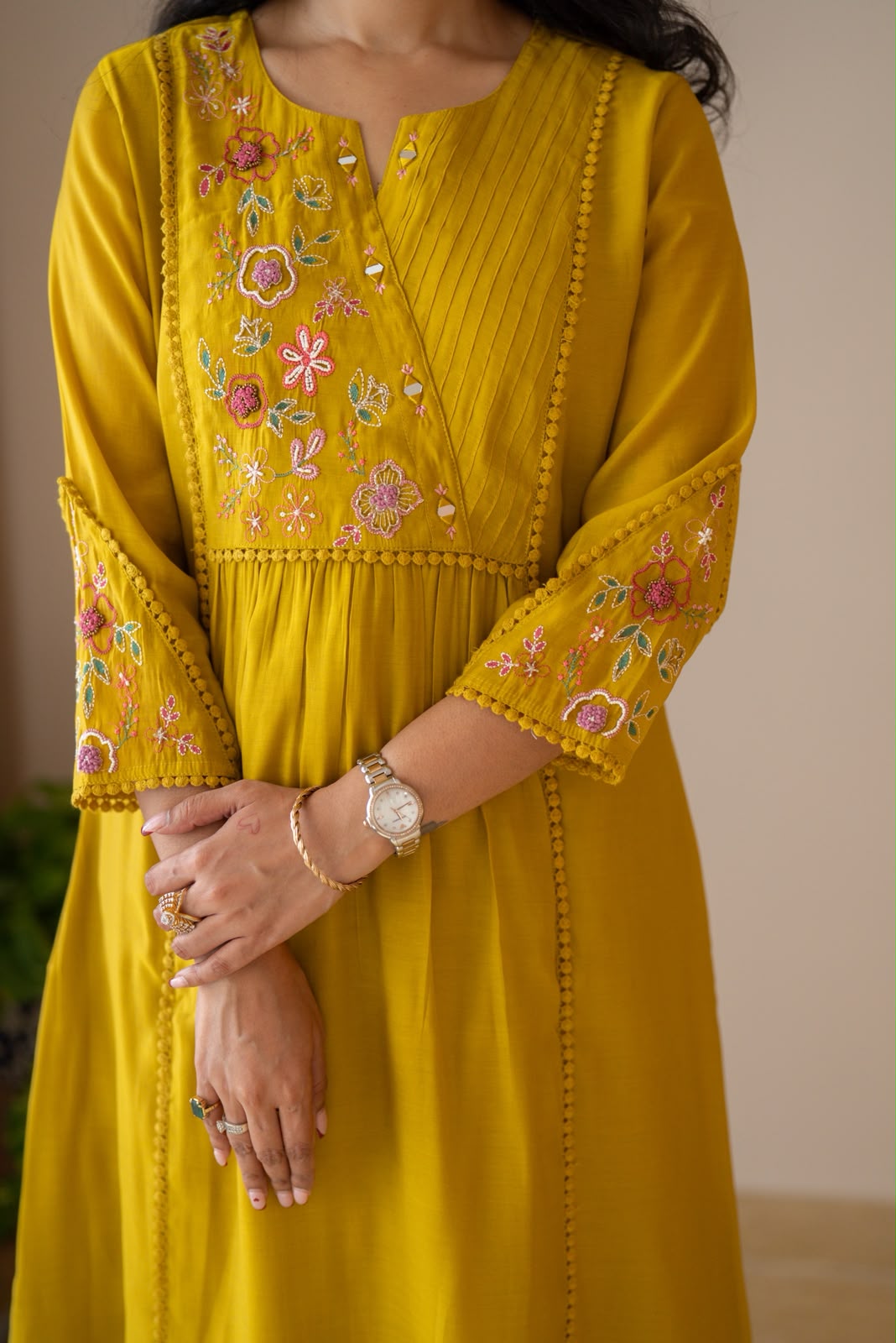 Aaina Embroidered Mul Chanderi Suit- Mustard