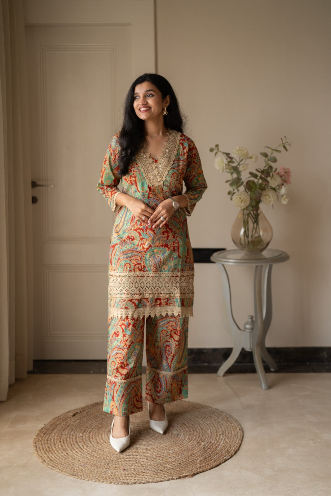 Nitara Farshi Lace Coord Set- Maroon