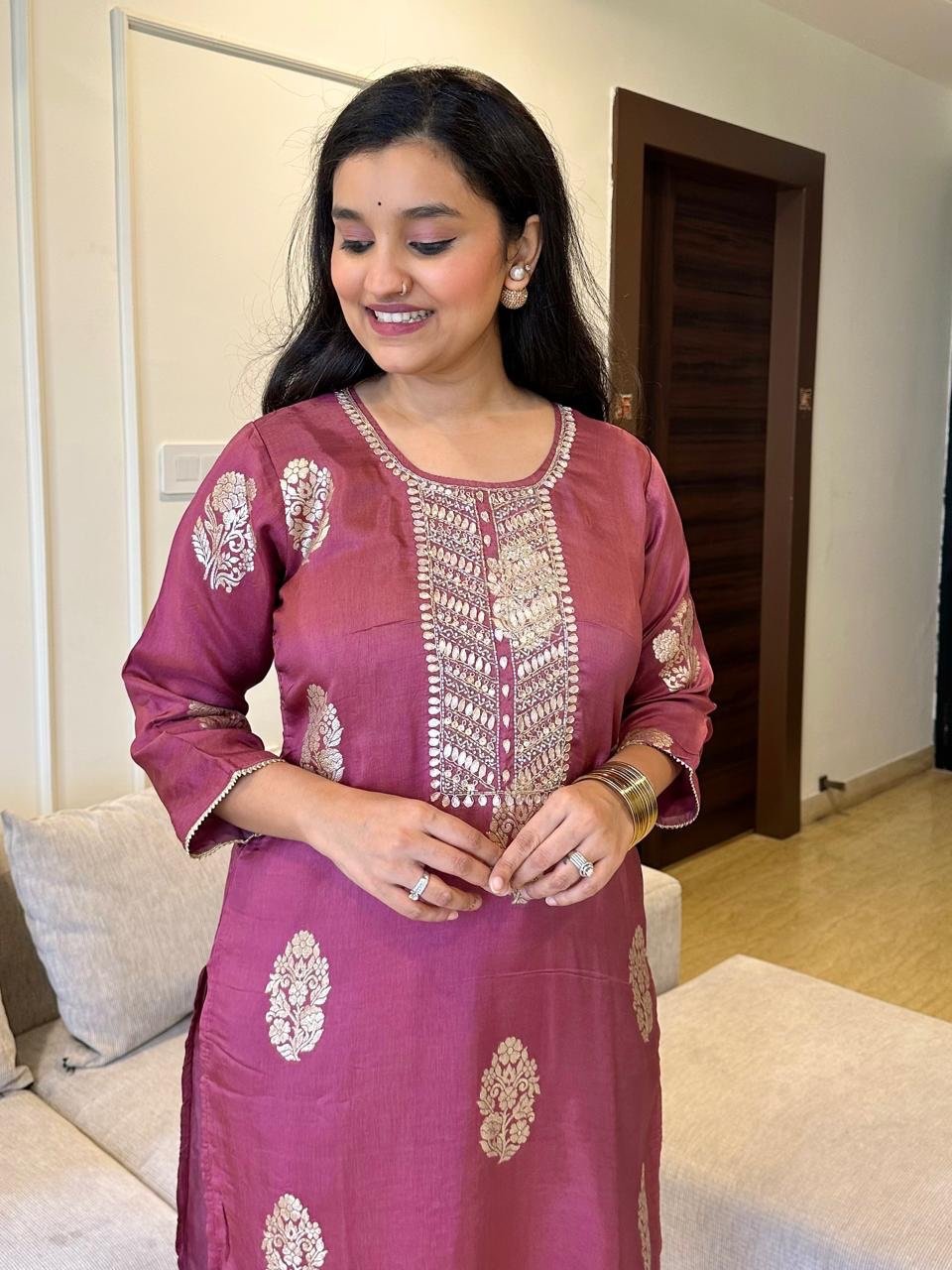 Veera Handwork Chanderi Set- Rose