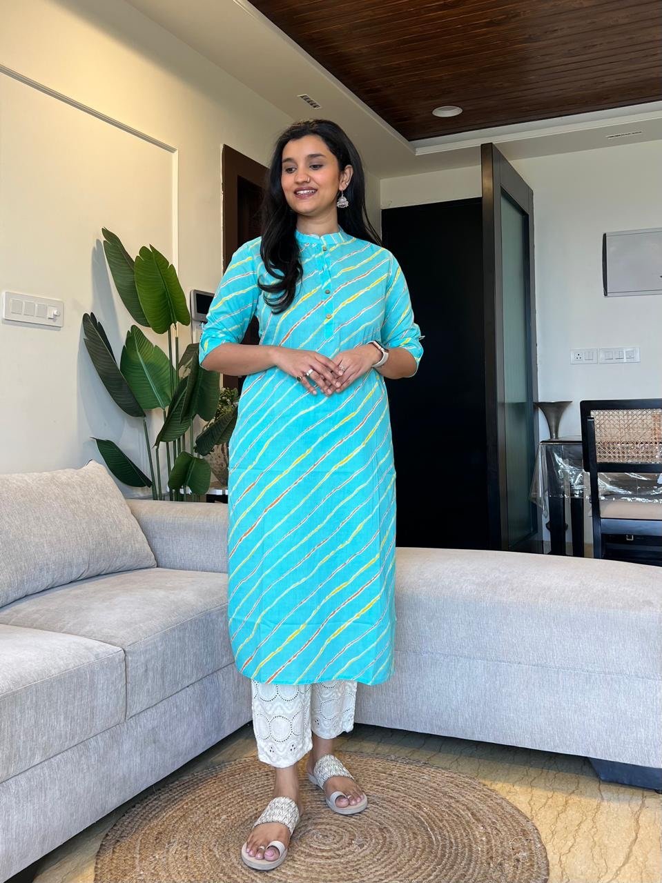 Weekend Cotton Leheriya Kurta- Blue