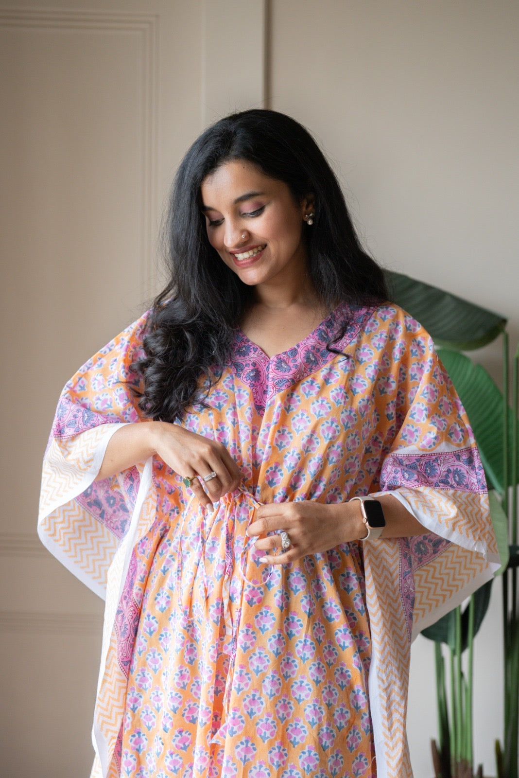Kashi Block Print Kaftan- Peach Booti