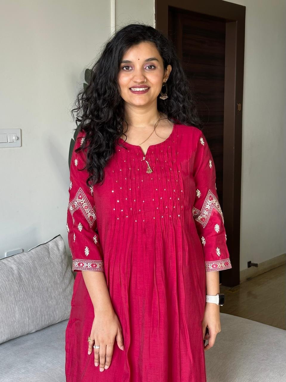 Sajda Mul Chanderi Luxe Set- Pinkish Red