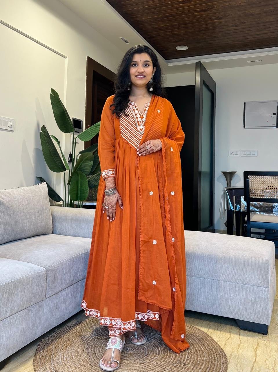 Shayla Embroidered Mulmul Anarkali Set- Orange