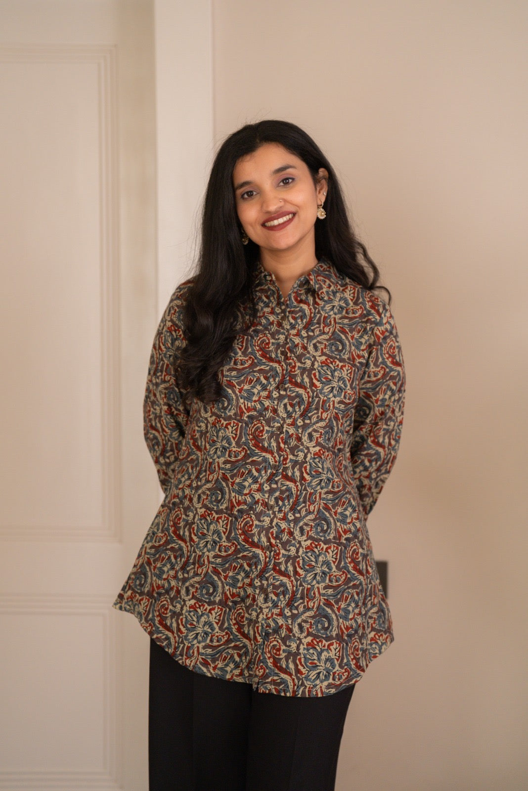 Zora Slub Cotton Shirt- Grey Ajrakh