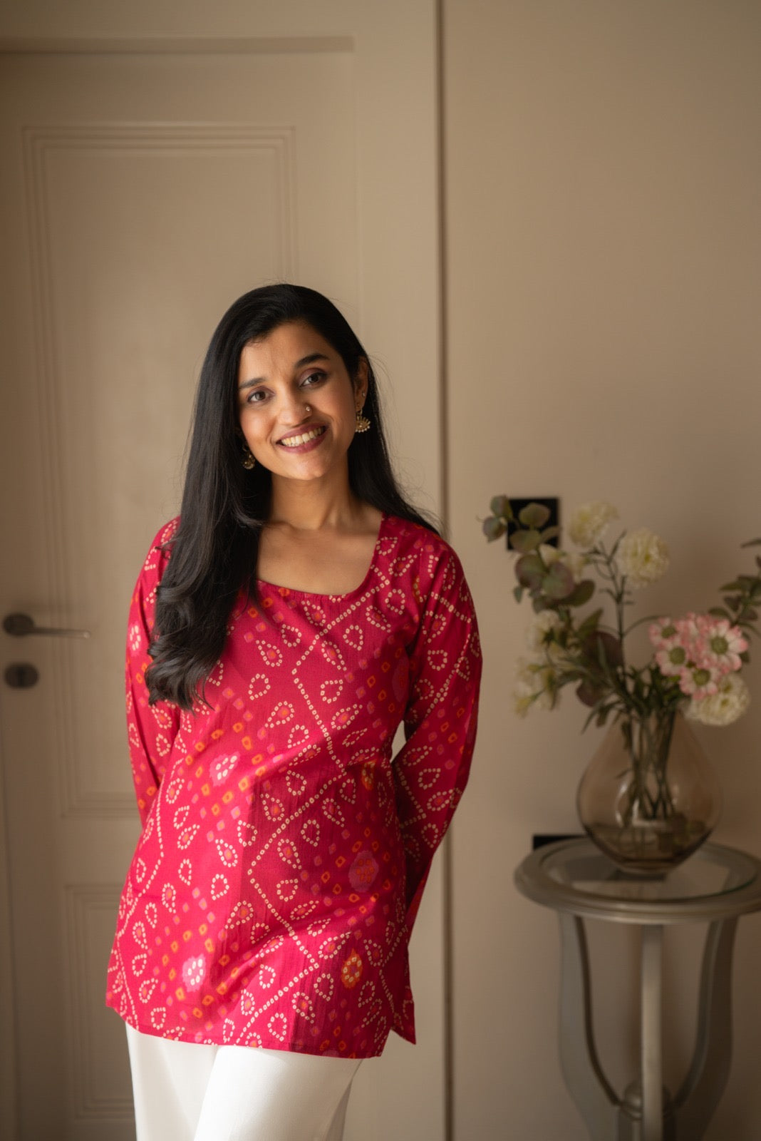 Griya Cotton Short Kurti- Pink Bandhej