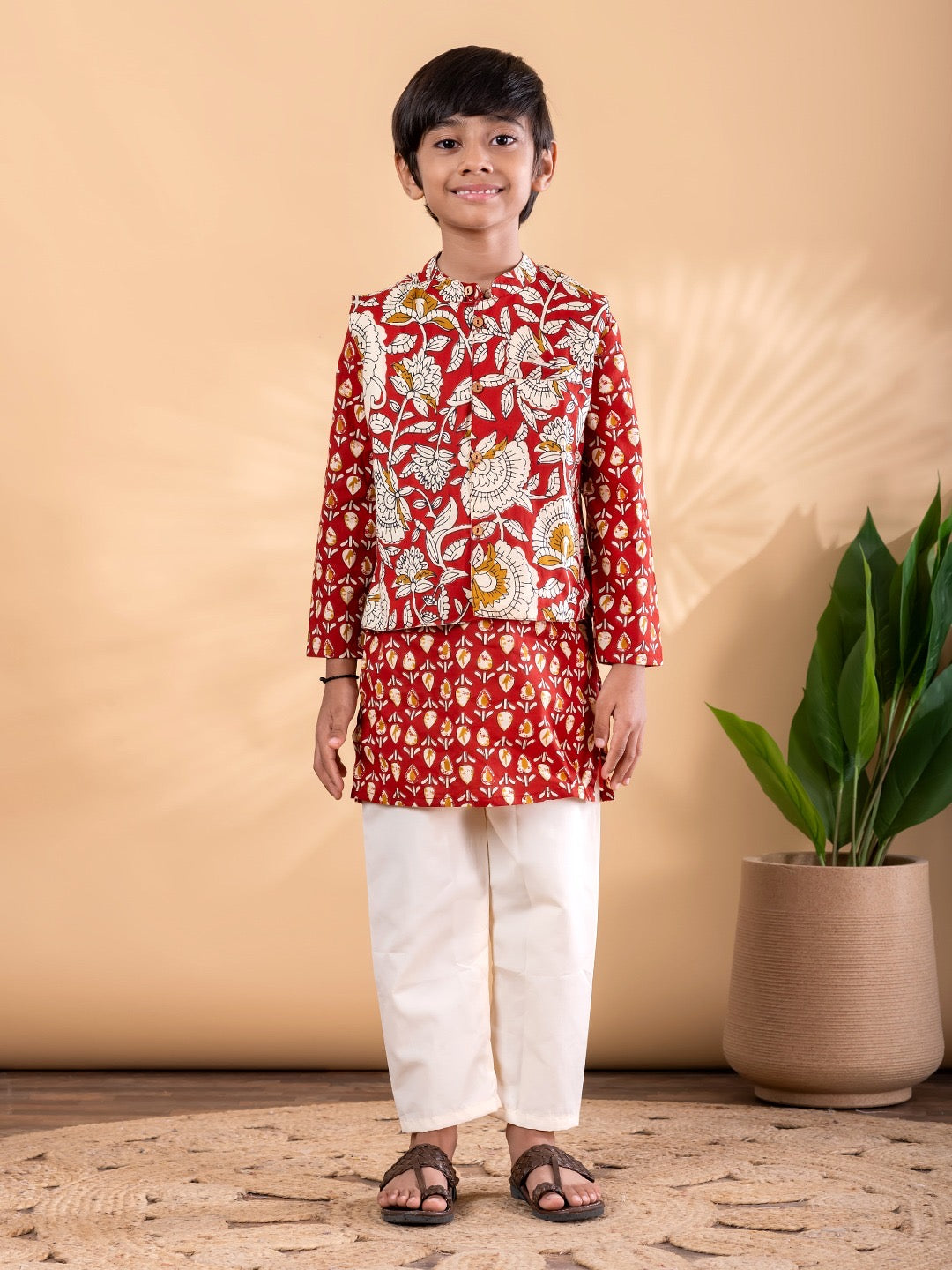 Red Kalam Boys’ Jacket Set