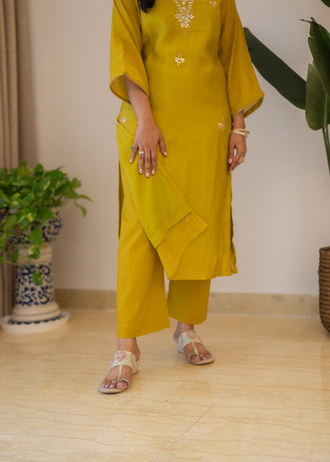 Samia Mul Chanderi Printed Dupatta Set-Mustard