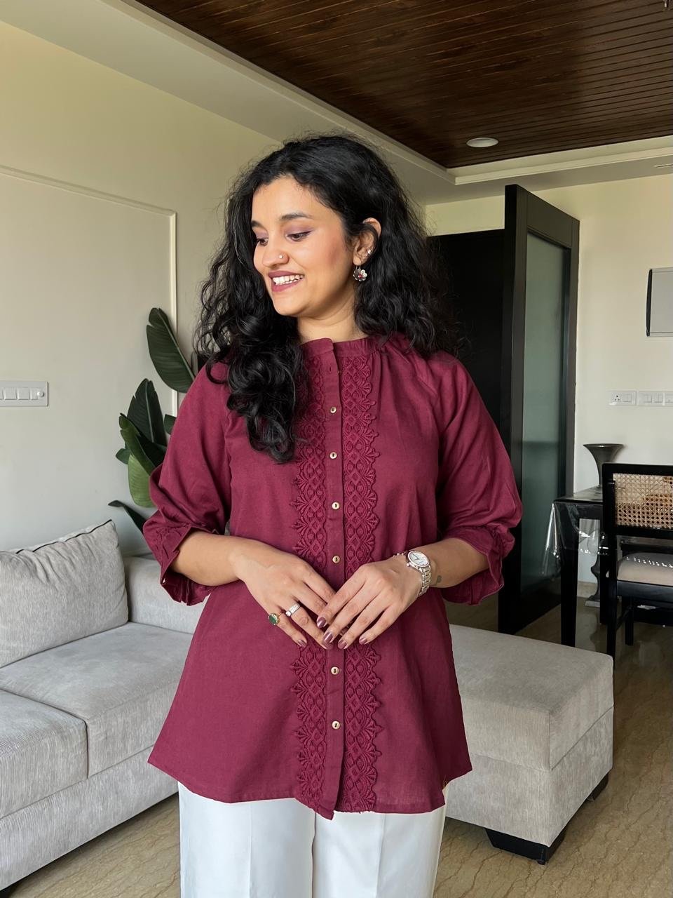 Tisha Cotton Statement Top- Maroon