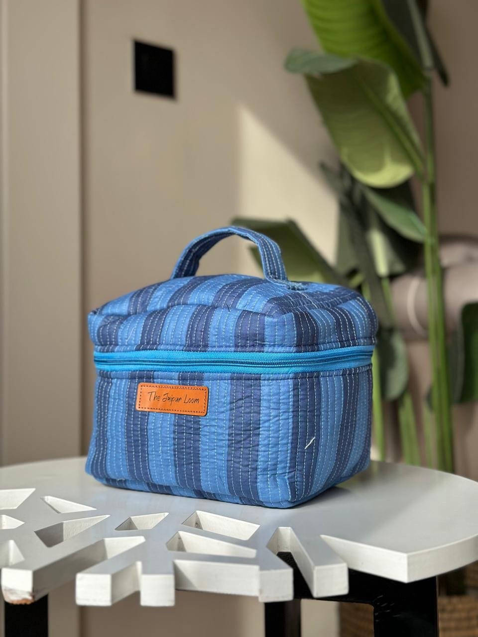 Quilted Vanity Bag- Light &amp; Dark Blue Strips