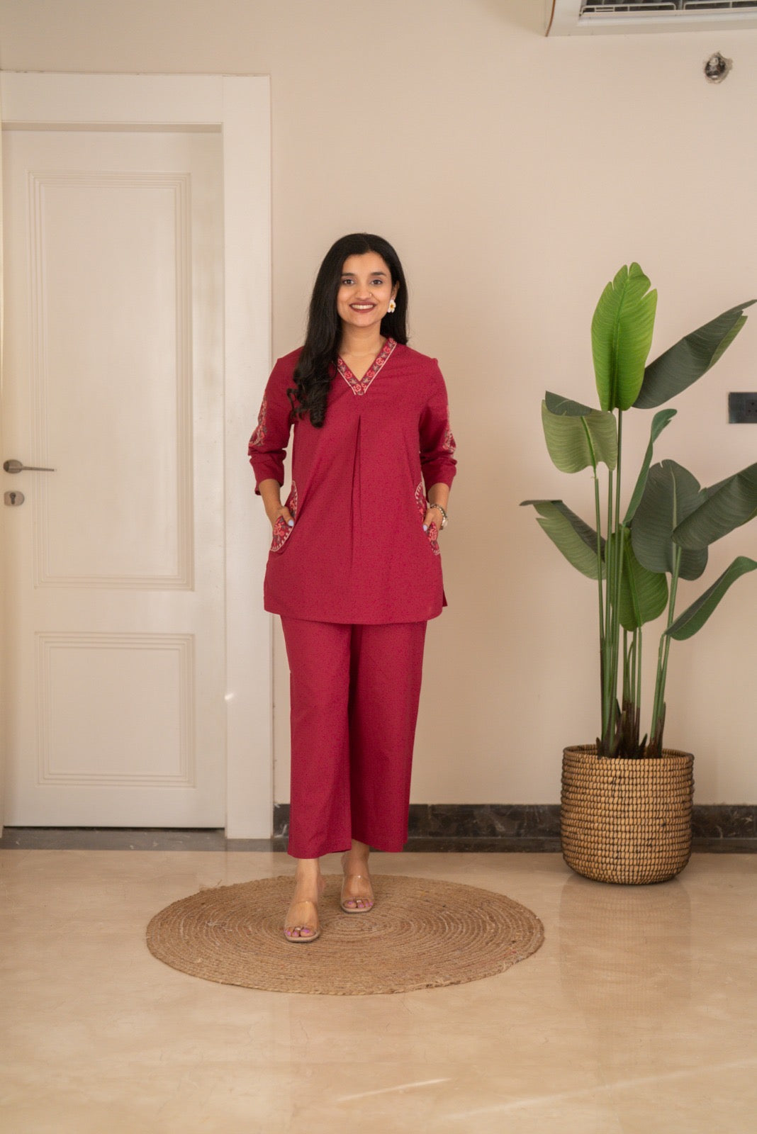 Risha Embroidered Coord Set- Dark Pink