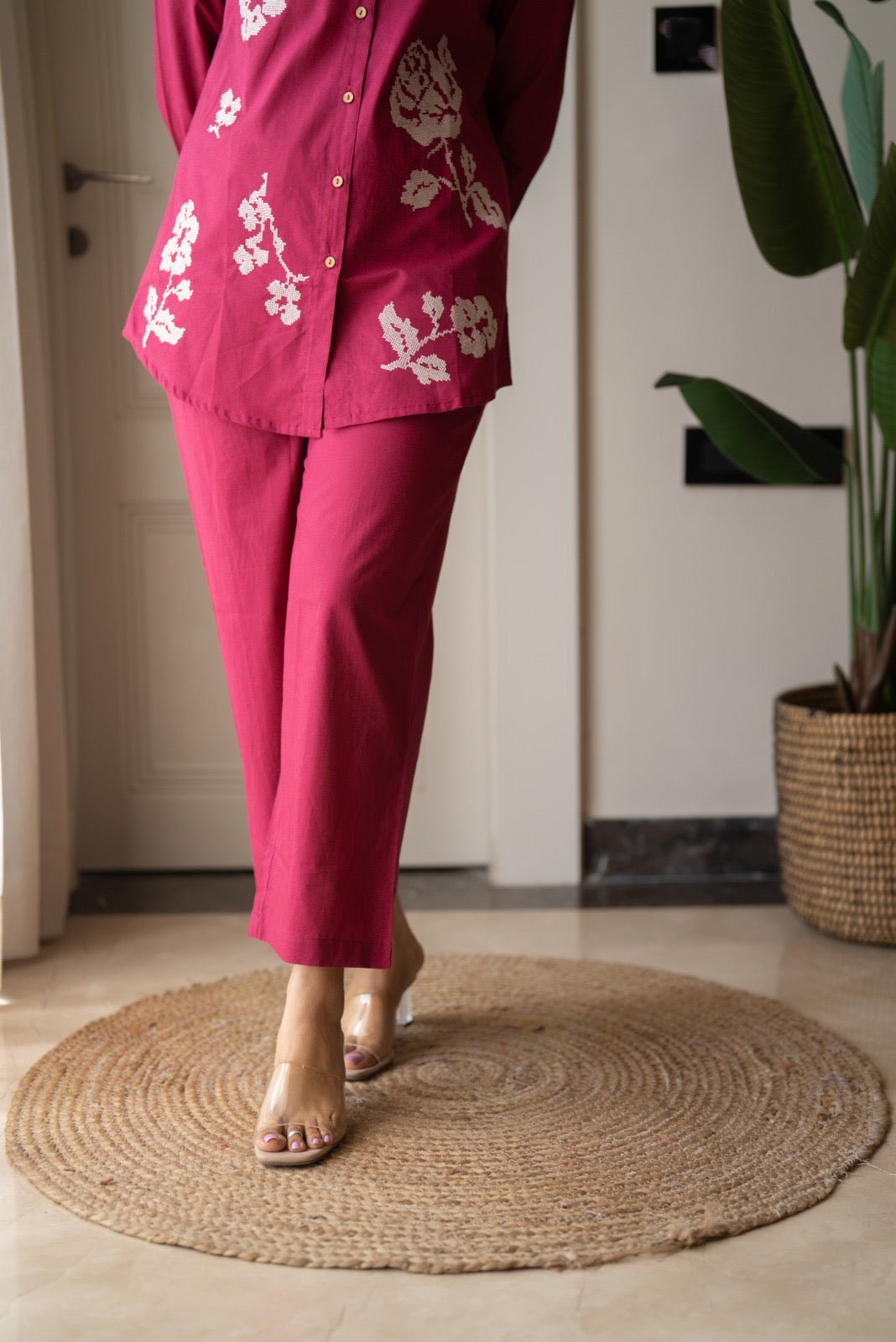 Hania Cotton Coord Set- Dark Pink
