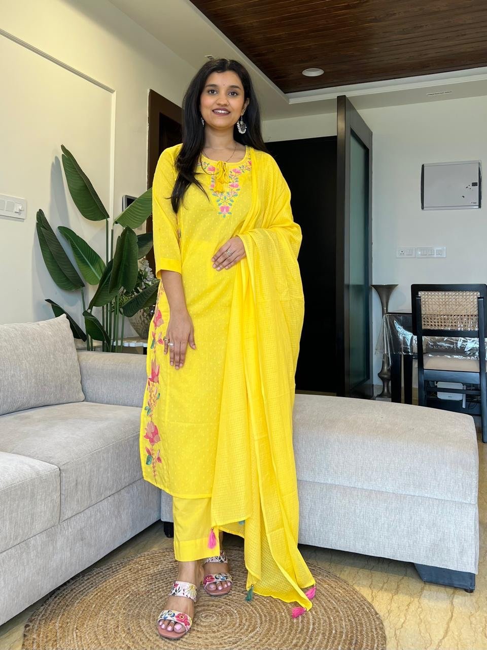 Sosha Embroidered Cotton Suit- Yellow