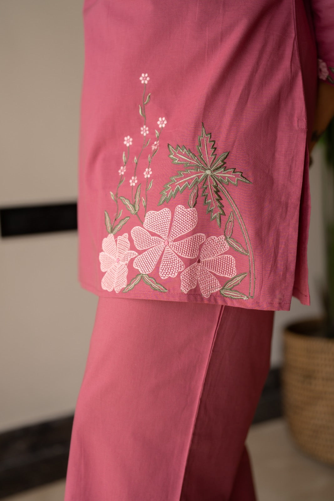 Ginni Embroidered Cotton Coord Set- Pink