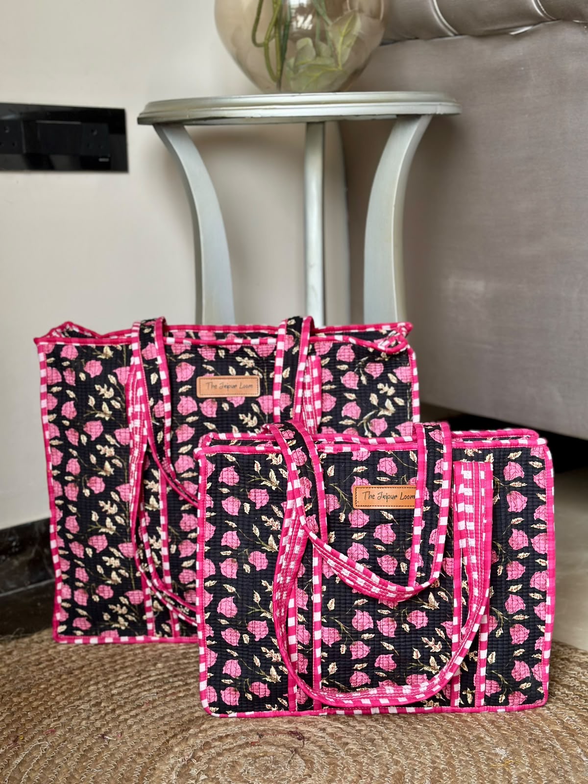 Quilted Tote Bag- Black Pink Florals