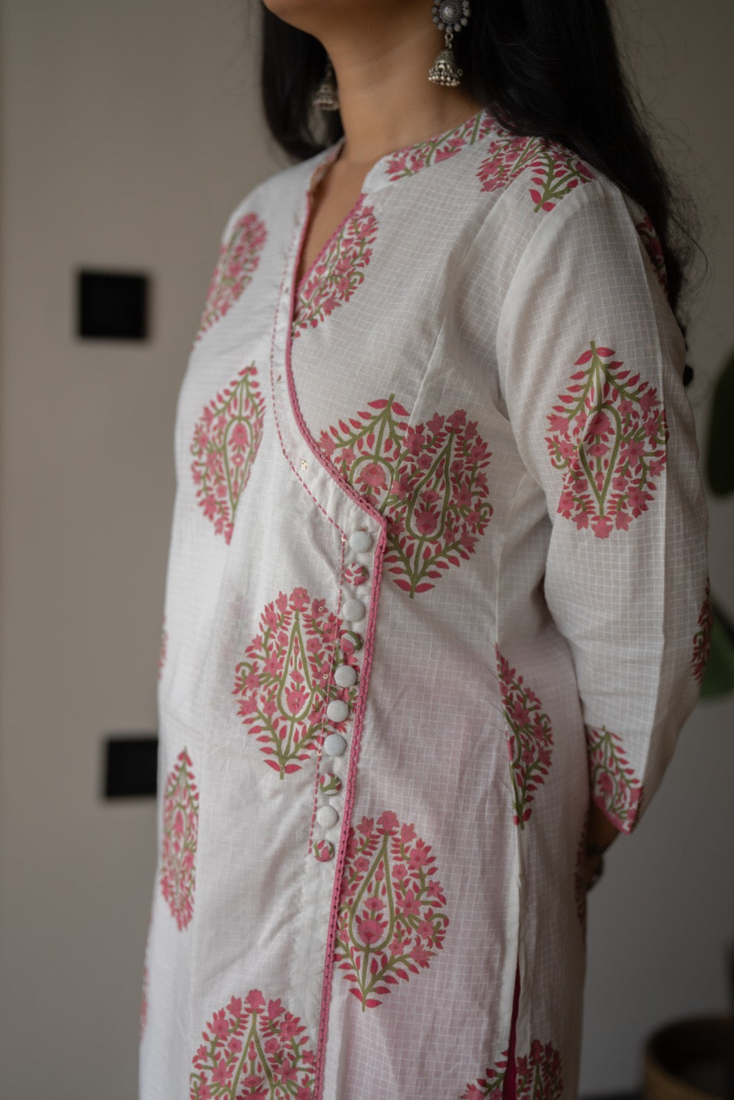 Ruh Angrakha White Boota Set- Pink