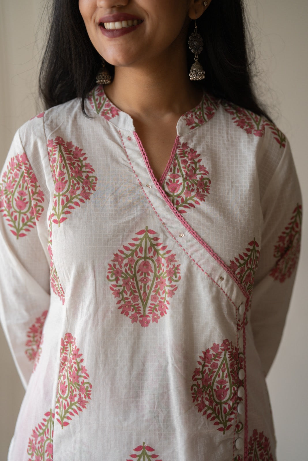 Ruh Angrakha White Boota Set- Pink