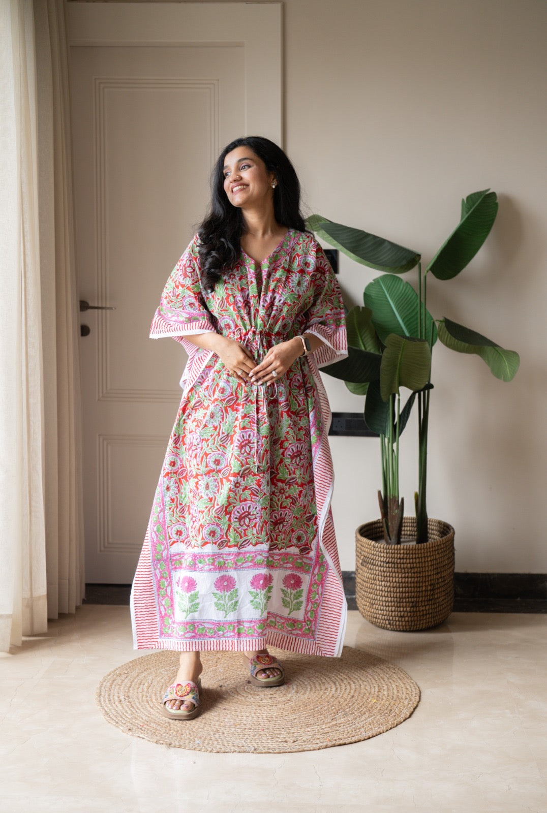 Kashi Block Print Kaftan- Bright Red Jaal