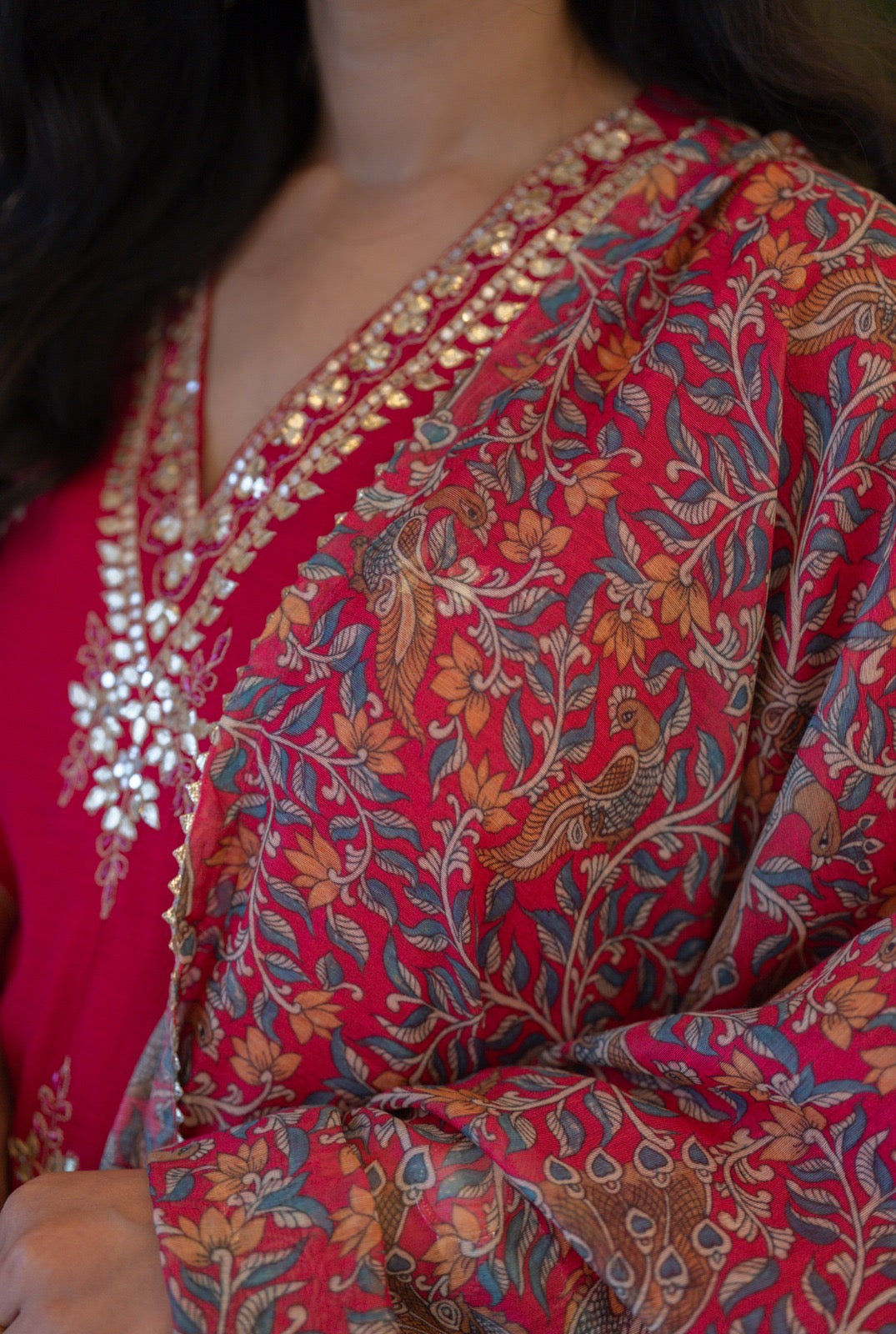 Samia Mul Chanderi Printed Dupatta Set- Dark Pink