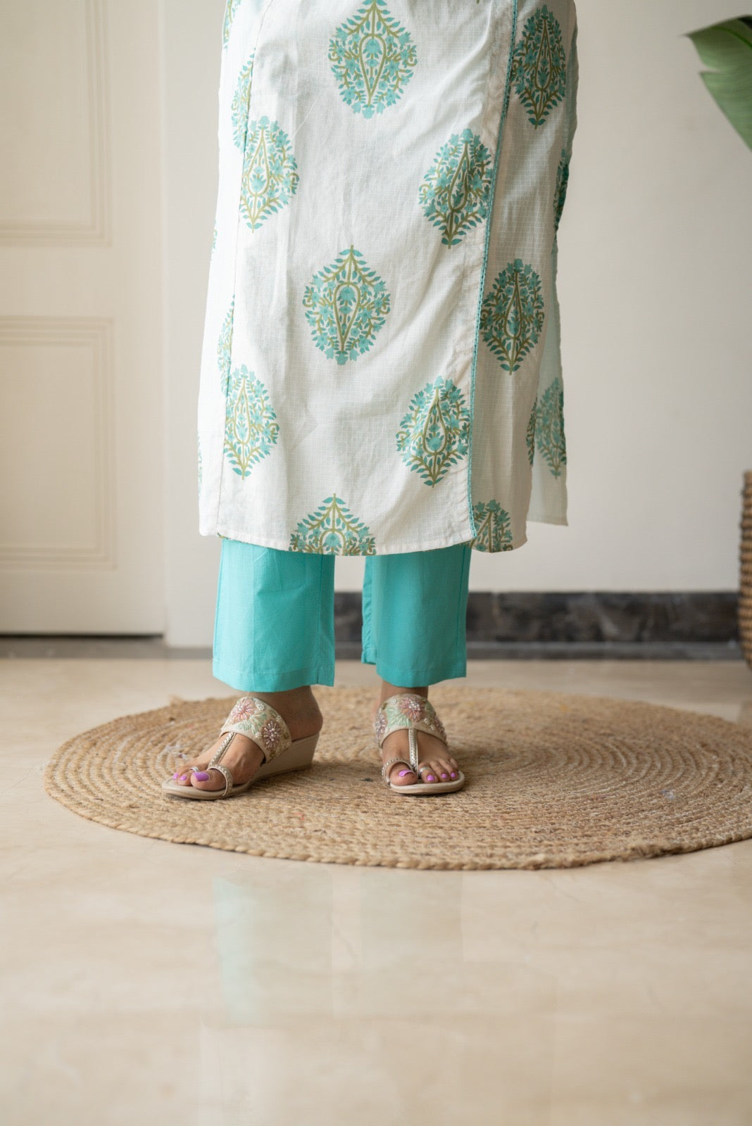 Ruh Angrakha White Boota Set- Green