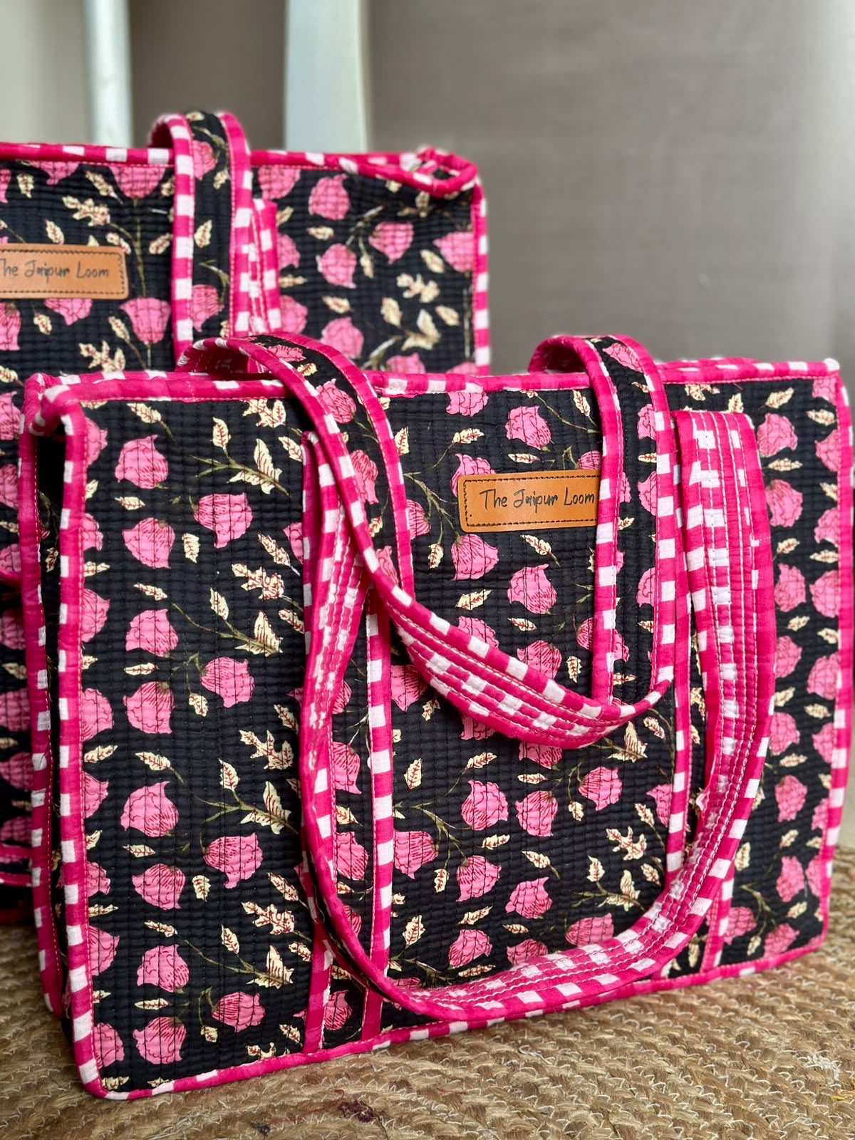 Quilted Tote Bag- Black Pink Florals
