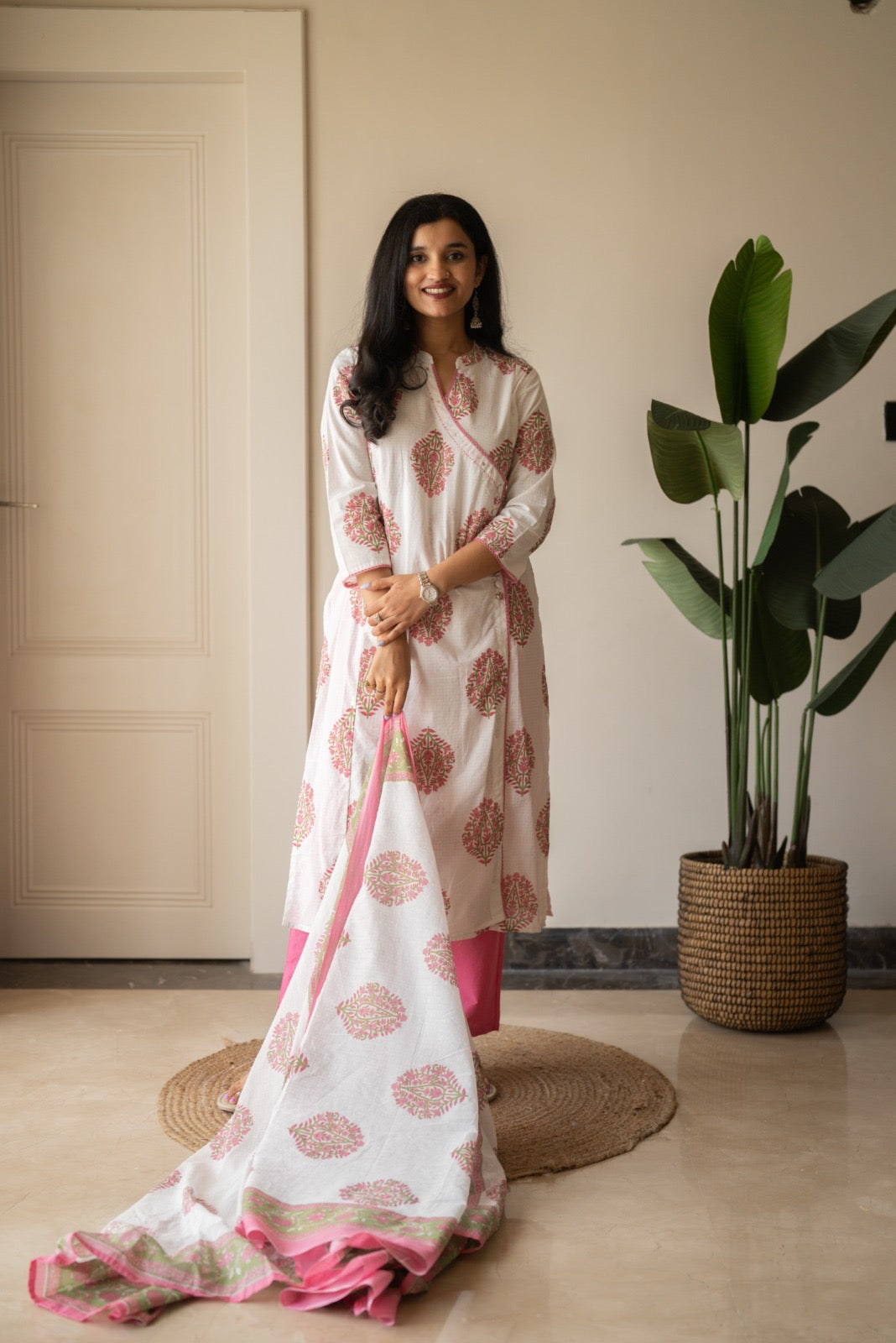 Ruh Angrakha White Boota Set- Pink