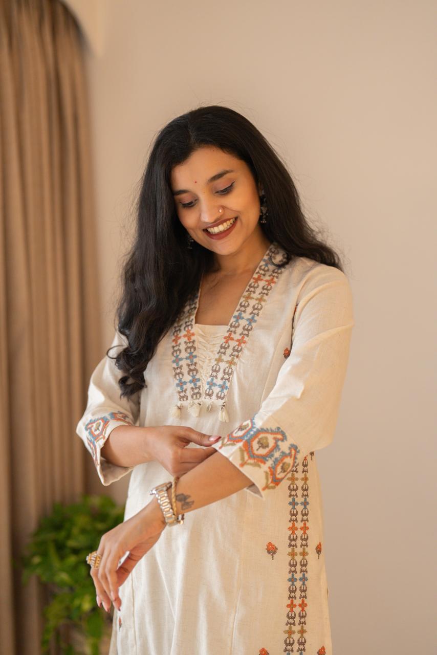 Tamana Embroidered A-line Suit- Off White