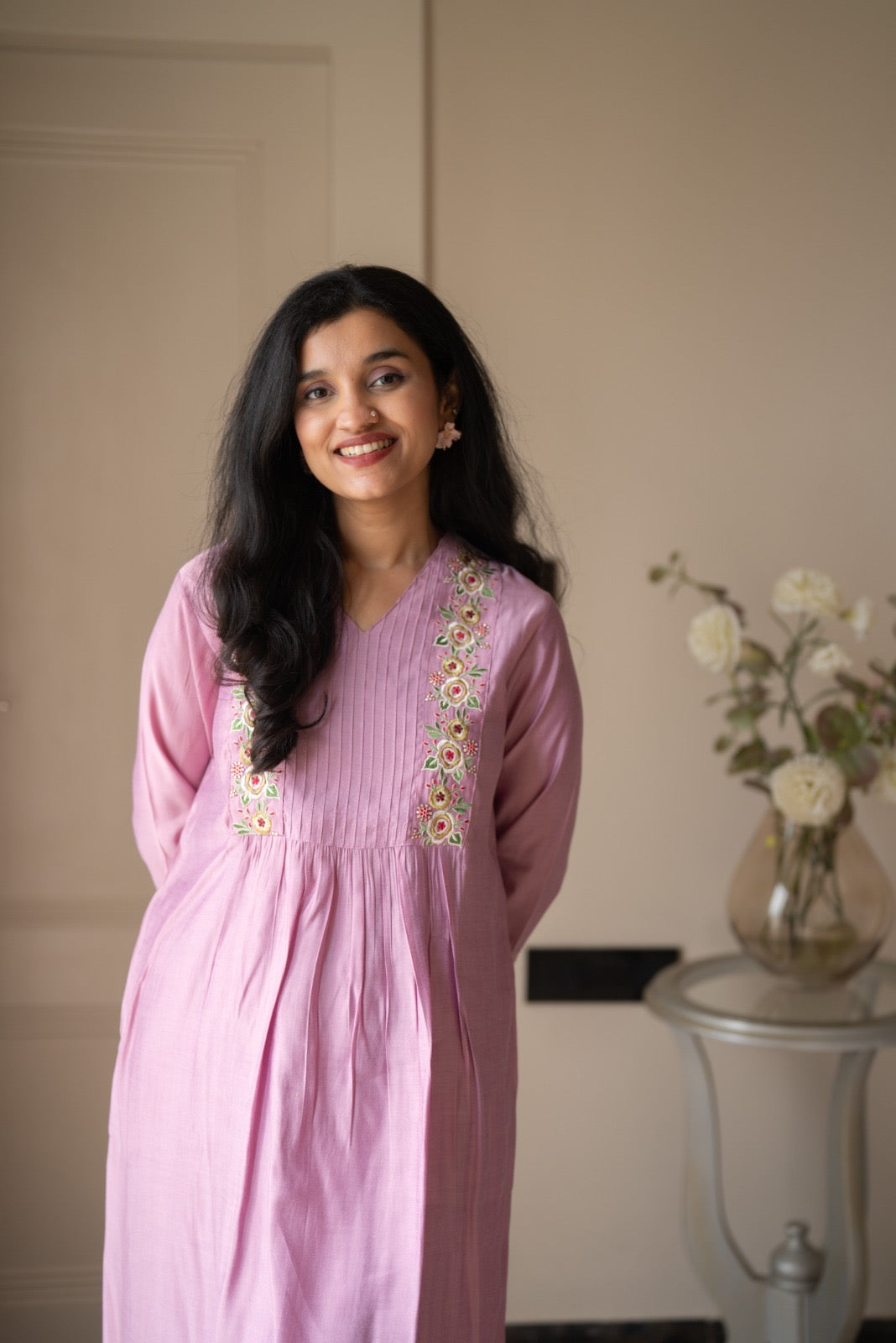 Amber Muslin Embroidered Pant Set- Pastel Pink