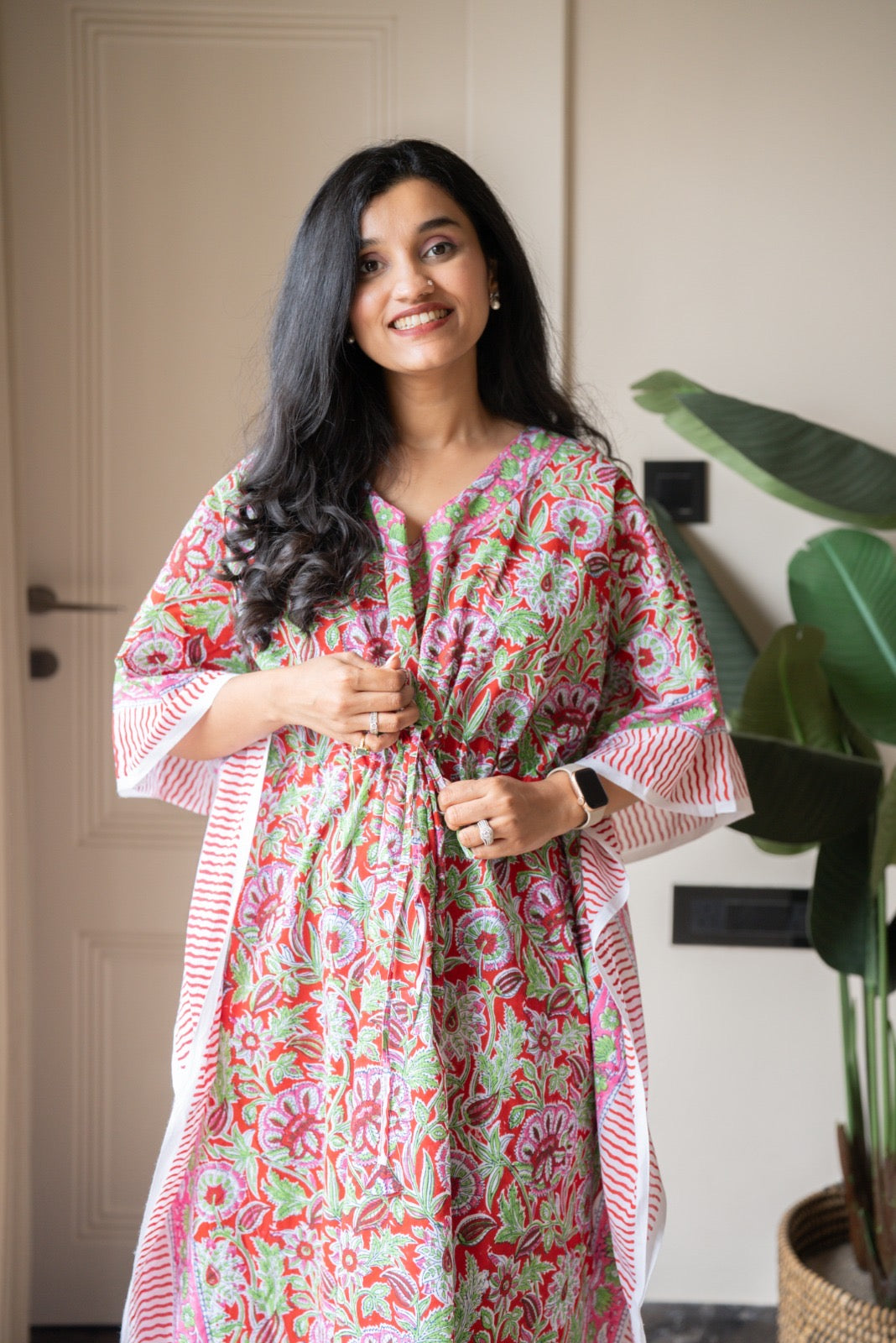 Kashi Block Print Kaftan- Bright Red Jaal