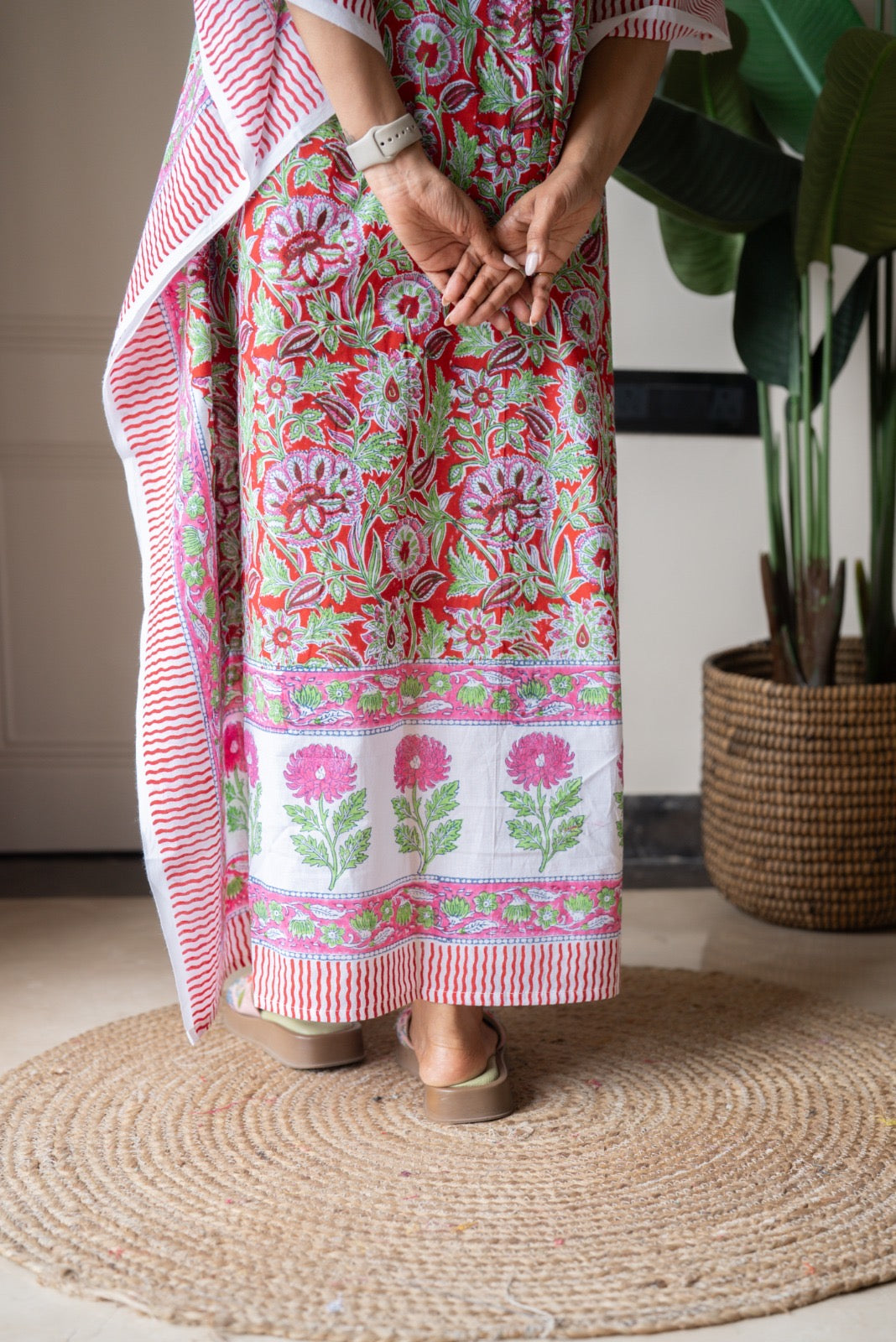 Kashi Block Print Kaftan- Bright Red Jaal