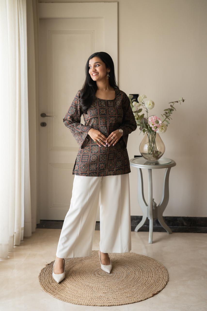 Zia Cotton Short Kurti- Black Bandhej
