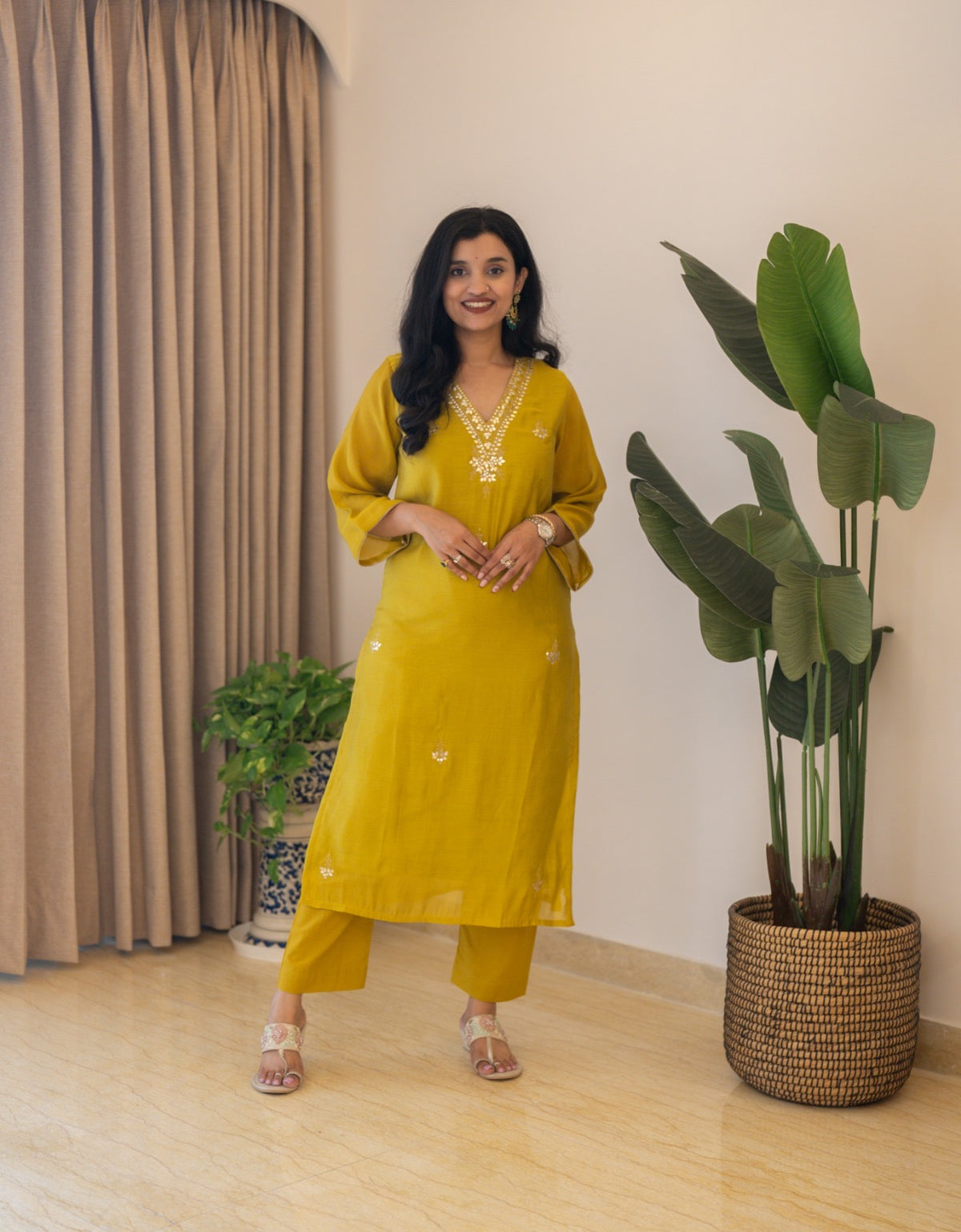 Samia Mul Chanderi Printed Dupatta Set-Mustard