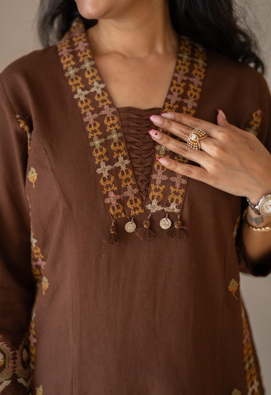 Tamana Embroidered A-line Suit- Brown