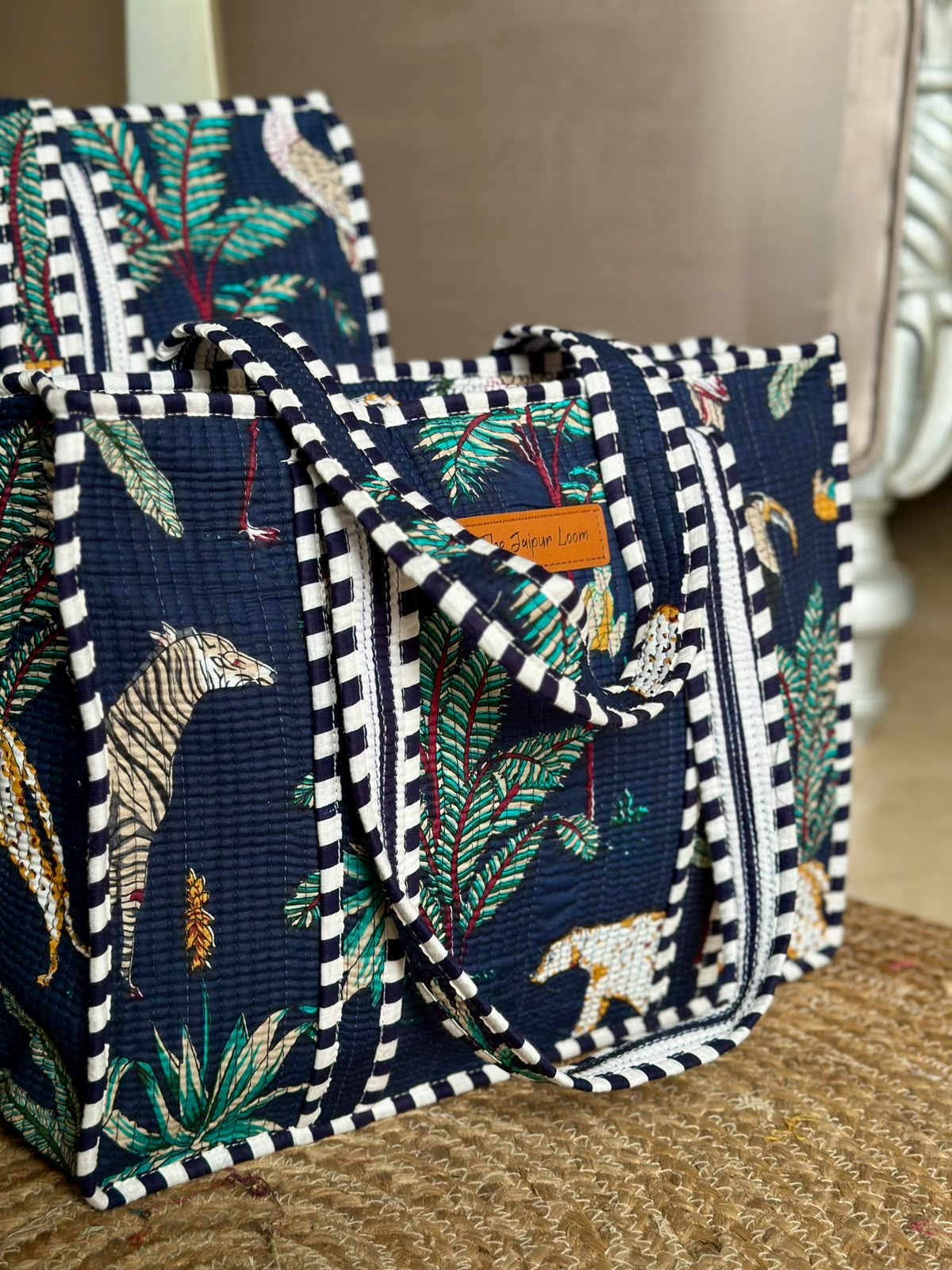 Quilted Tote Bag- Blue Jungle